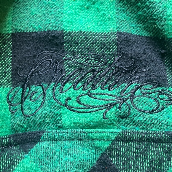 Creature skateboarding Green and Black Plaid Flannel button down Shirt - Picture 3 of 3